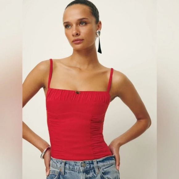 NEW Reformation Emery Linen Top in Lipstick Red Flower Detail | size 0 - Picture 1 of 11